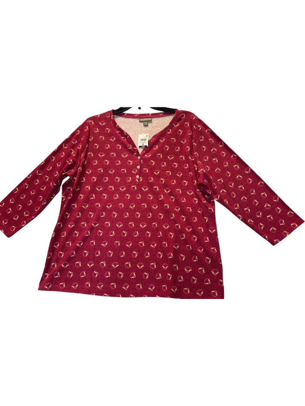 Style & Co Plus Size 1X Womens Henley Top In Berry Bloom Pattern Long Sleeve
